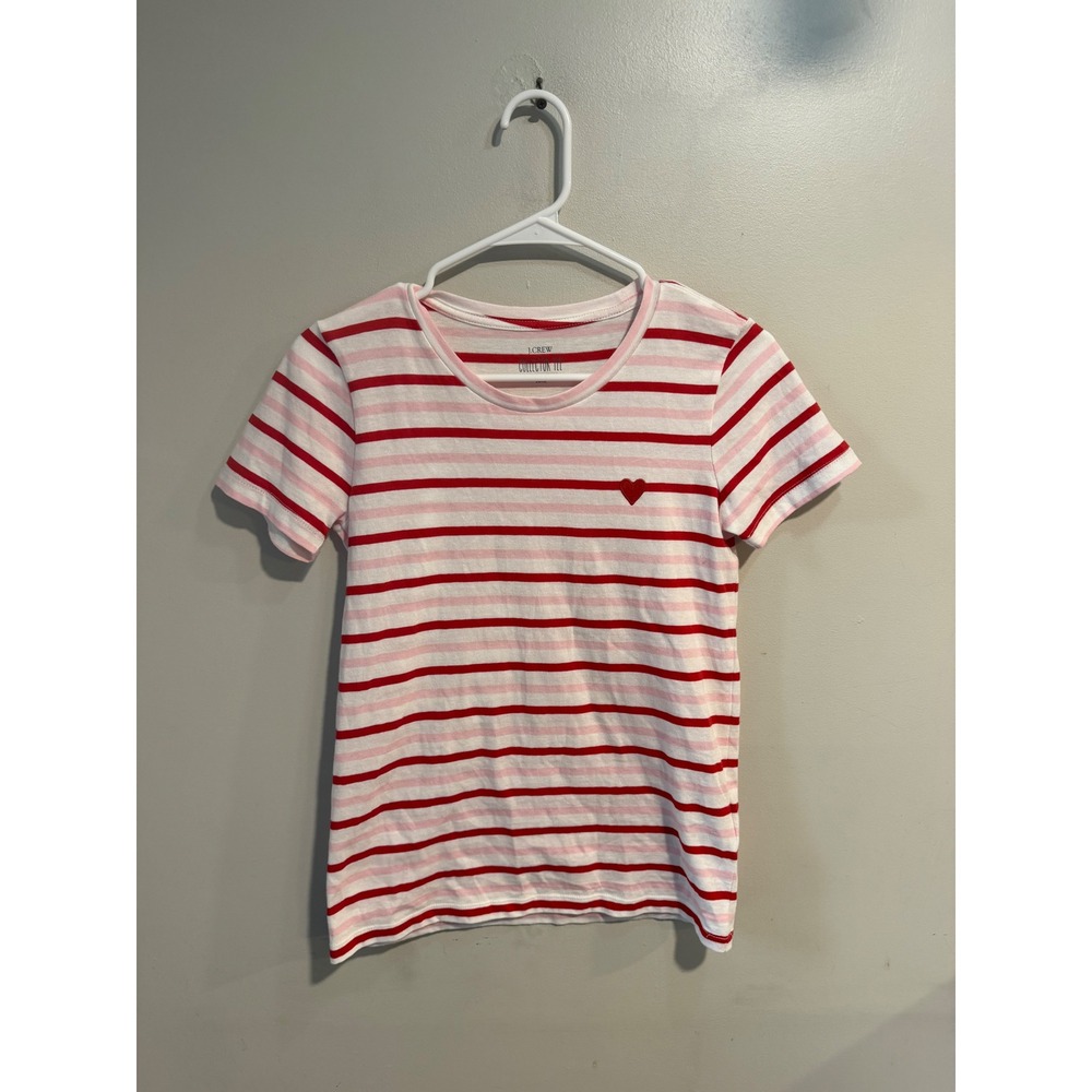 J.Crew Collector Tee Womens XXS Red Pink Striped Heart Embroidered T-Shirt